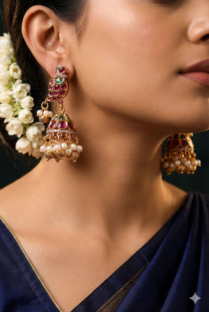 Kemp Stone Peacock Jhumka with pearl and gold droplets