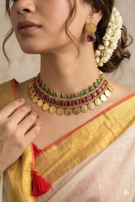 Traditional Lakshmi Coin & Kemp Stone Choker