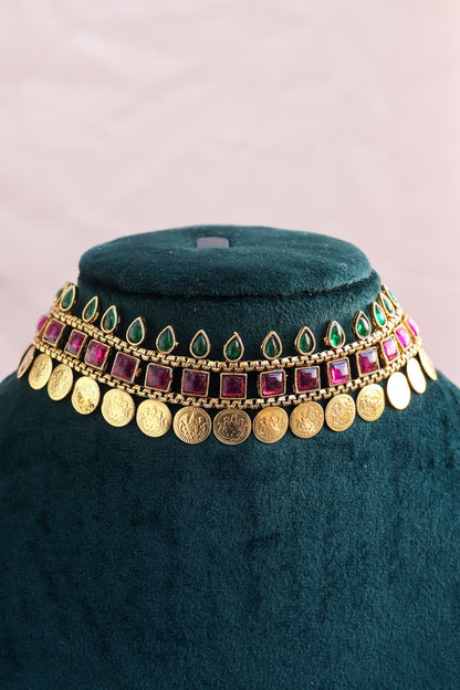 Traditional Lakshmi Coin & Kemp Stone Choker