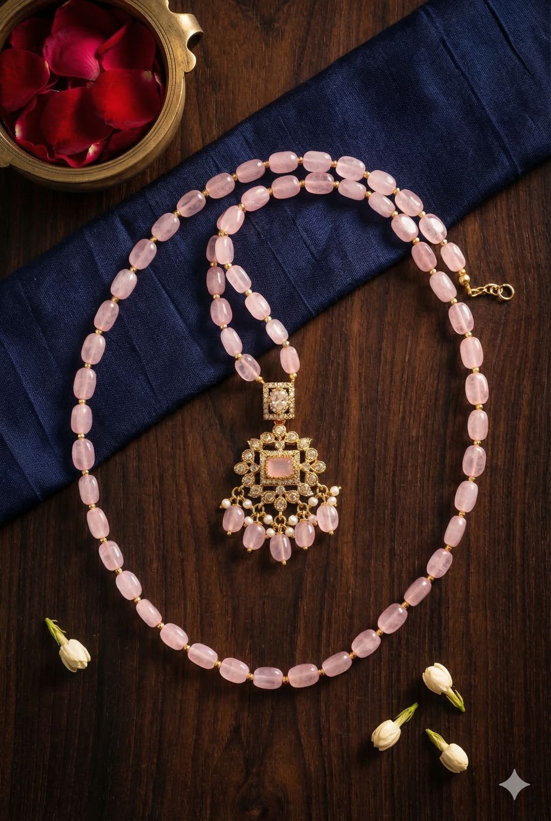 Classic pink oval bead chain with Crystal Pendant
