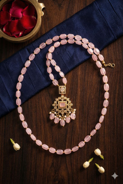 Classic pink oval bead chain with Crystal Pendant