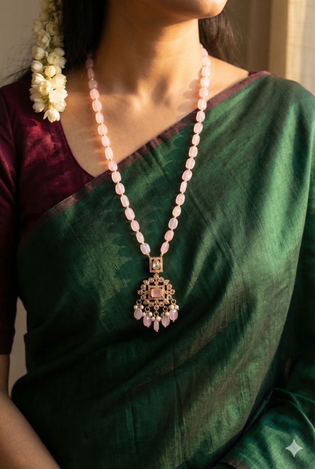 Classic pink oval bead chain with Crystal Pendant