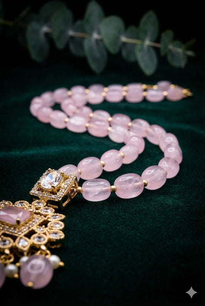Classic pink oval bead chain with Crystal Pendant