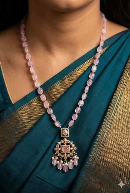 Classic pink oval bead chain with Crystal Pendant
