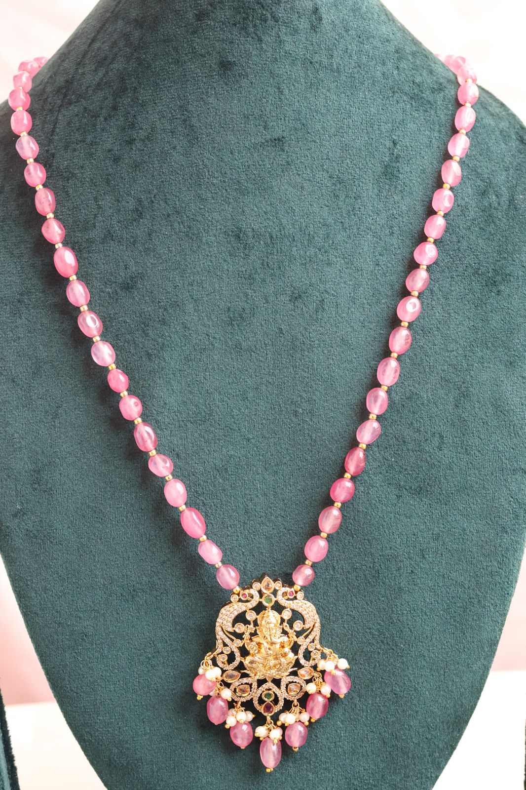 Pink Pearl long Chain with Ganapati Pendant
