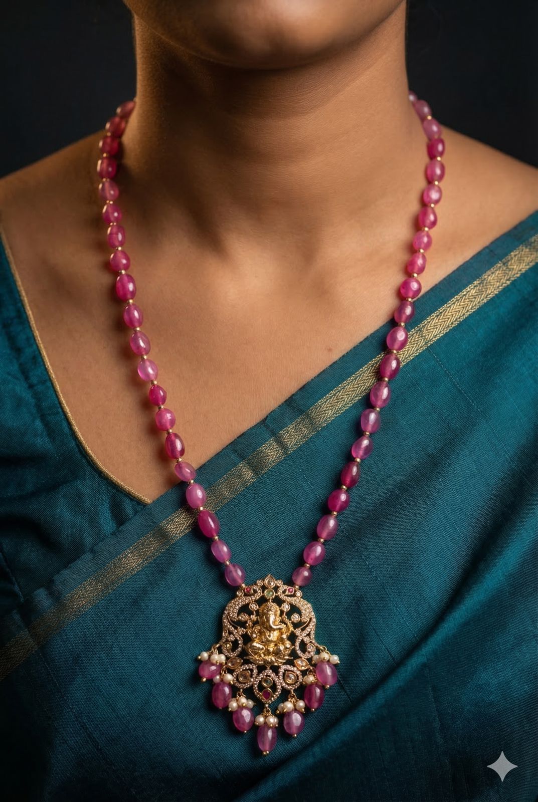 Pink Pearl long Chain with Ganapati Pendant