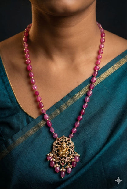Pink Pearl long Chain with Ganapati Pendant