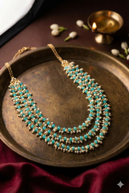 Blush Blossom/ Feroza Green Layered pearl chain