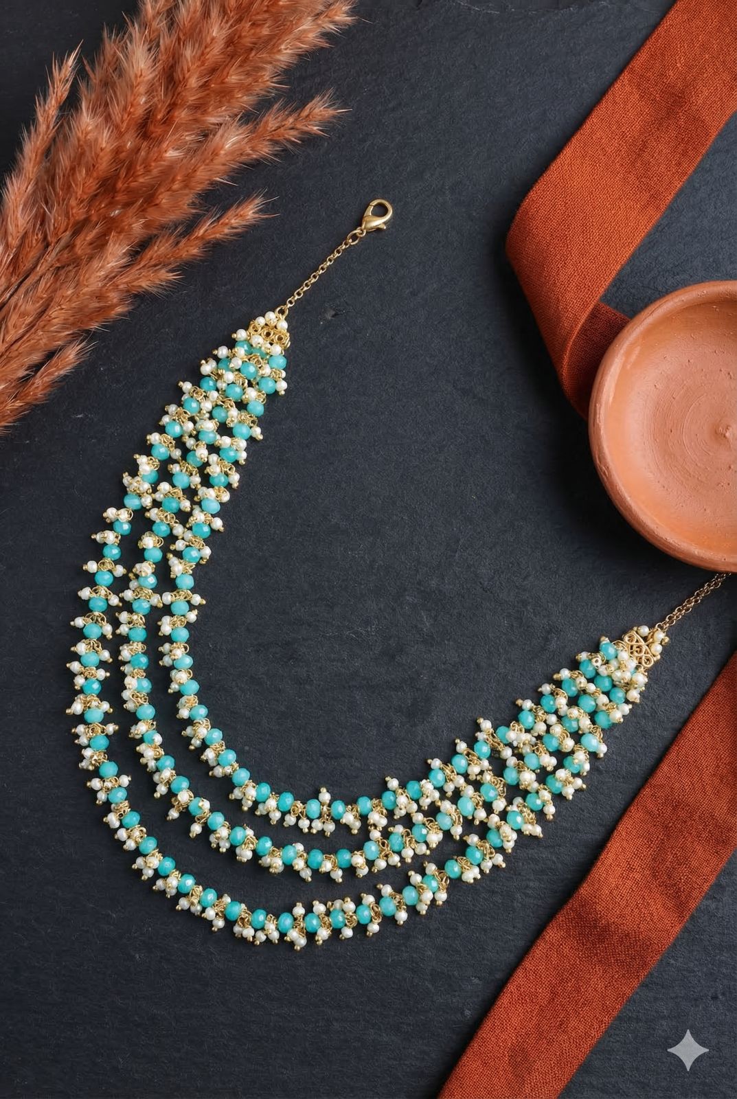 Blush Blossom/ Feroza Green Layered pearl chain