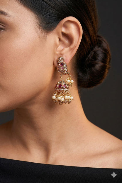 Kemp Stone Peacock Jhumka with pearl and gold droplets
