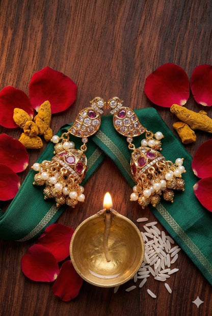 Kemp Stone Peacock Jhumka with pearl and gold droplets