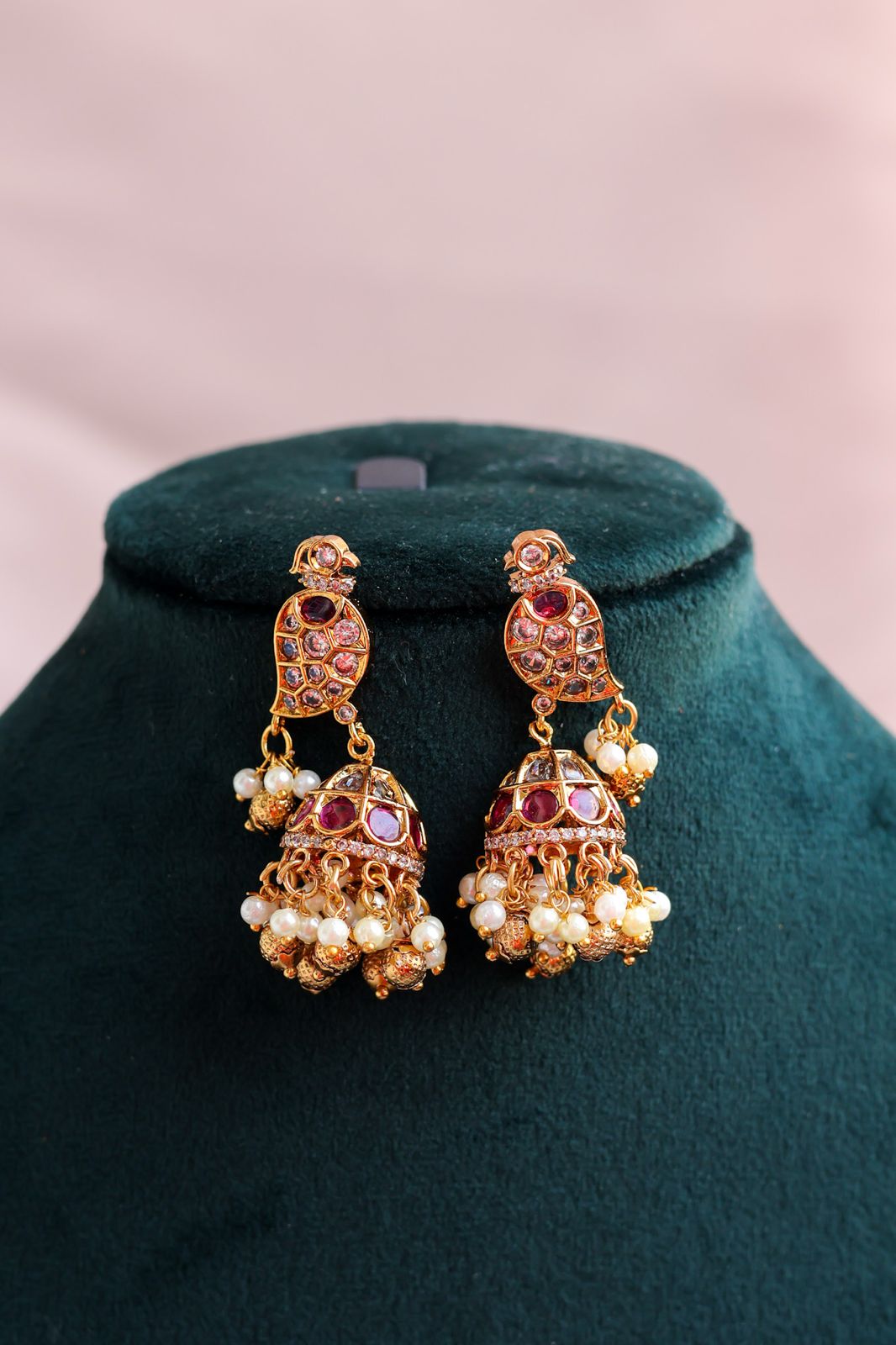 Kemp Stone Peacock Jhumka with pearl and gold droplets