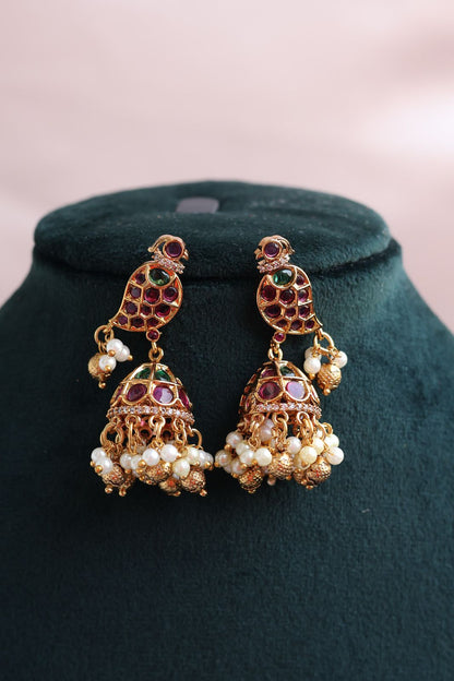 Kemp Stone Peacock Jhumka with pearl and gold droplets
