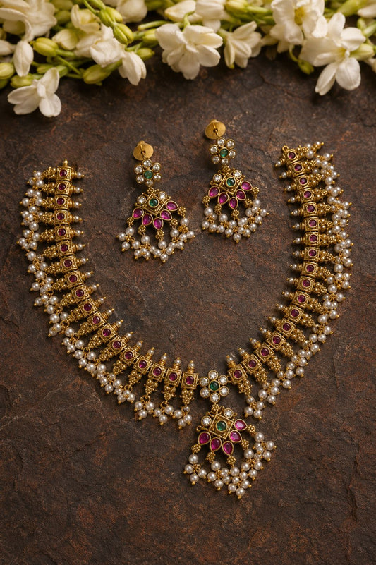 Antique Gold Kemp & Pearl Bridal Necklace Set