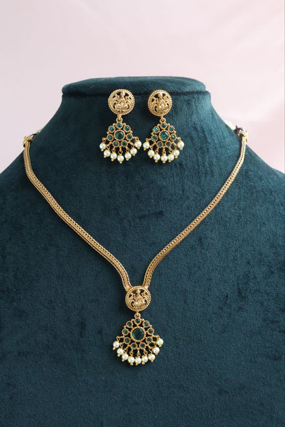 Matt finish floral lakshmi medallion necklace with earring