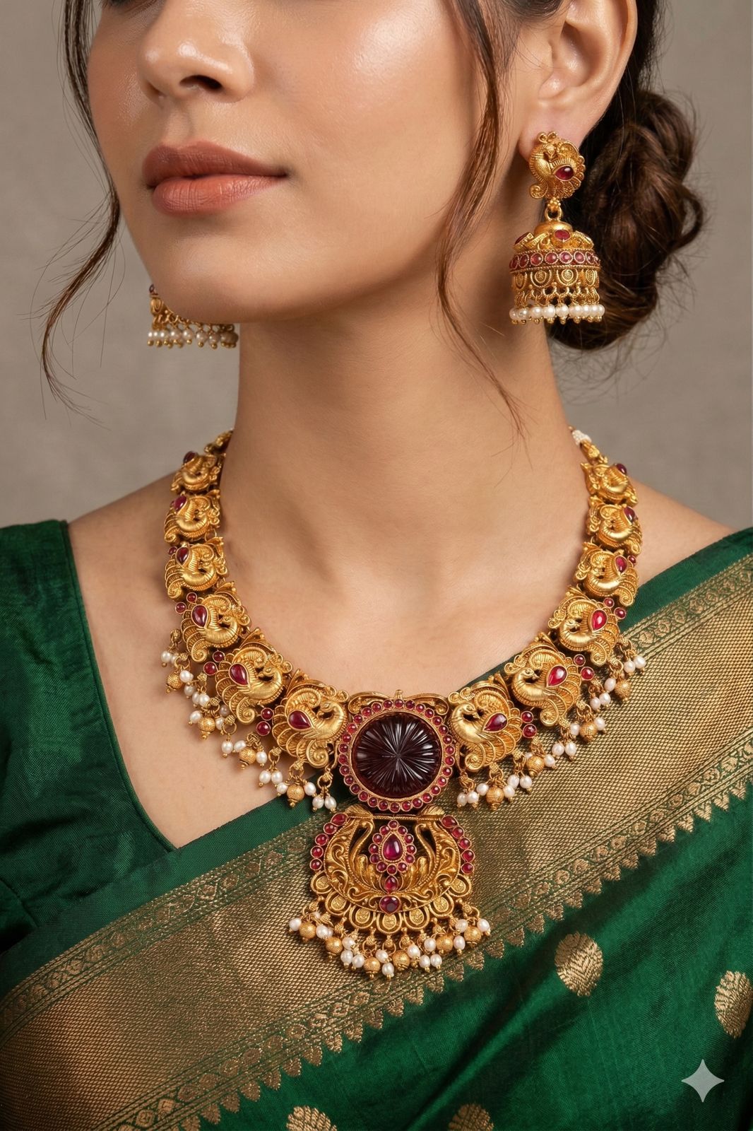 Mayura Heritage Necklace with Carved Ruby Centerpiece
