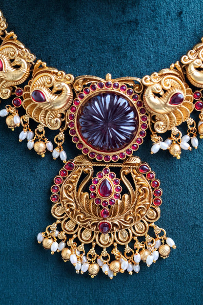 Mayura Heritage Necklace with Carved Ruby Centerpiece