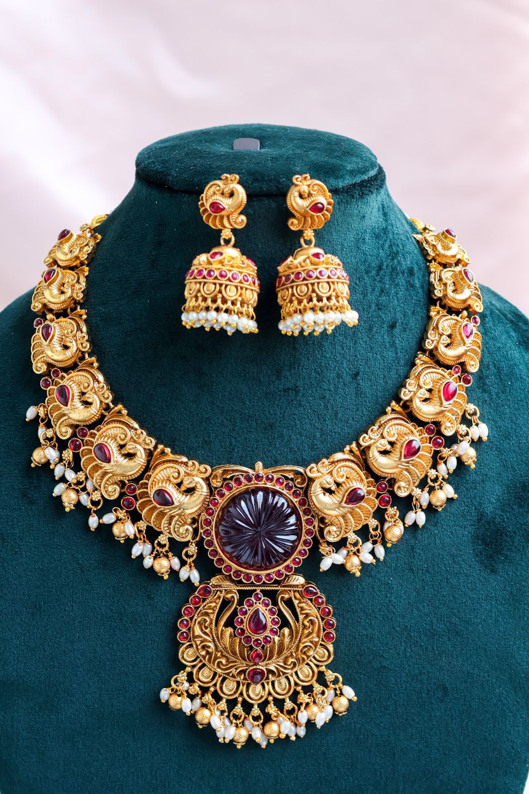 Mayura Heritage Necklace with Carved Ruby Centerpiece
