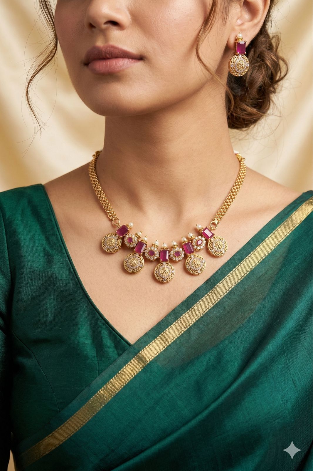 Antique Gold-Plated Ruby/Emerald Coin Choker with Matching Earrings