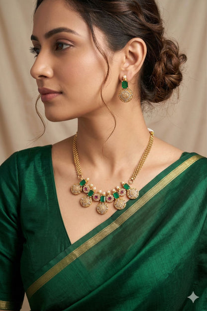 Antique Gold-Plated Ruby/Emerald Coin Choker with Matching Earrings