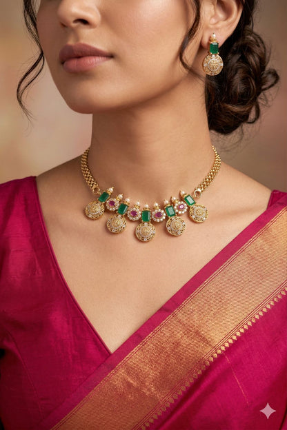 Antique Gold-Plated Ruby/Emerald Coin Choker with Matching Earrings