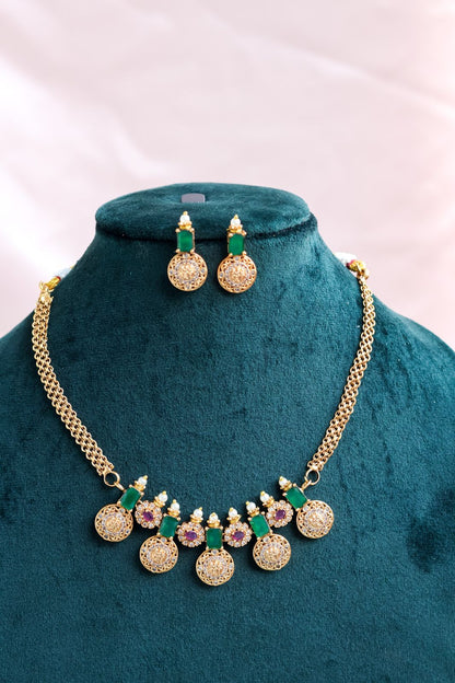 Antique Gold-Plated Ruby/Emerald Coin Choker with Matching Earrings