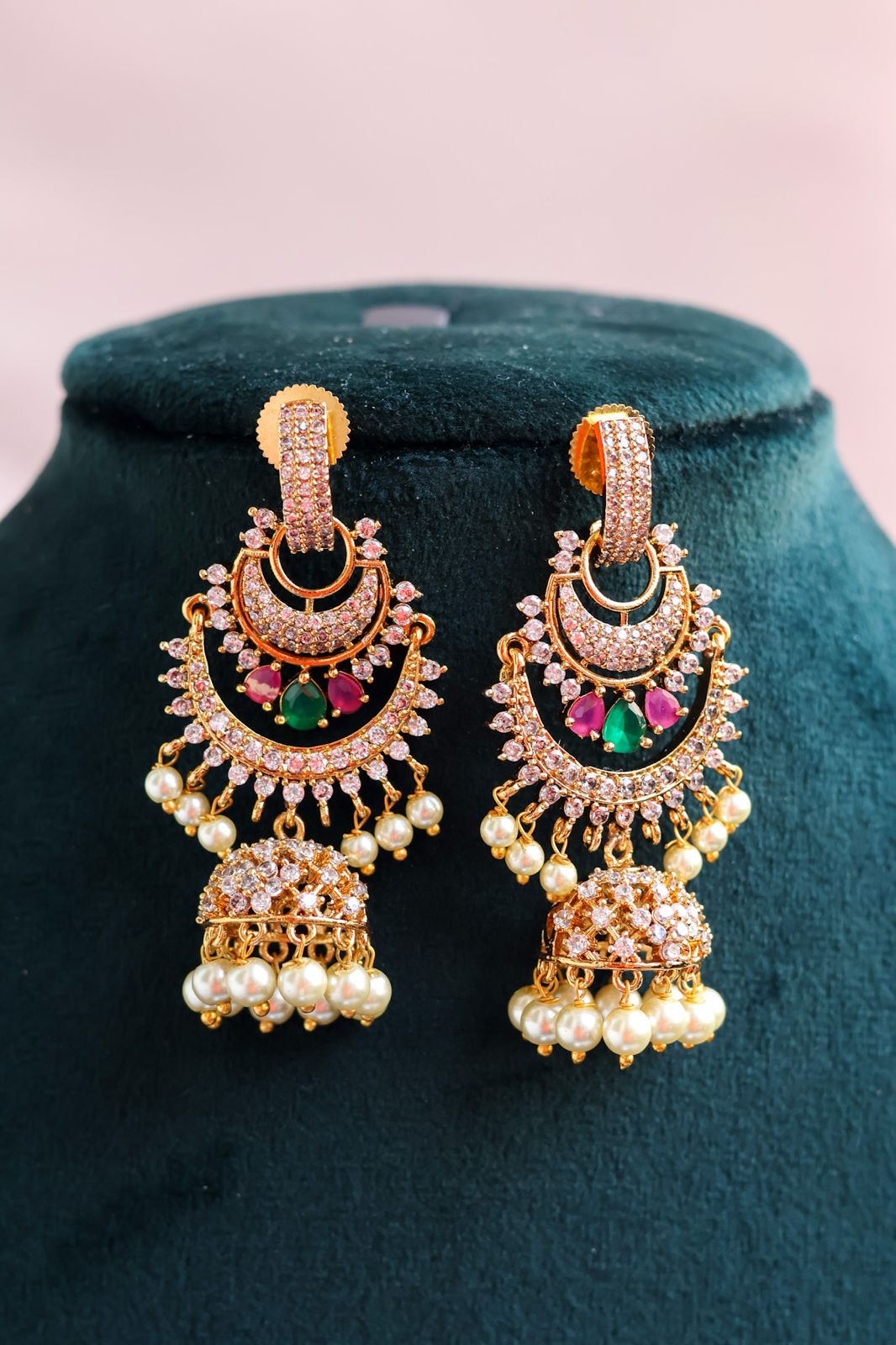 CZ Chandbali Pearl Jhumka Earrings