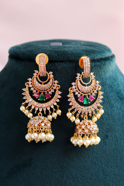 CZ Chandbali Pearl Jhumka Earrings