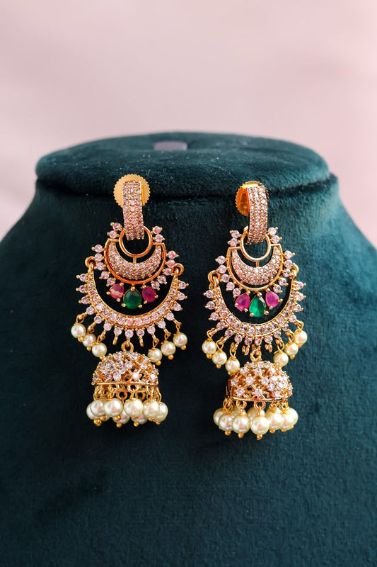 CZ Chandbali Pearl Jhumka Earrings