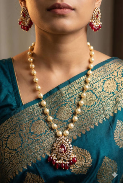 Royal Crimson/Mint Jade Pearl Necklace set with removable pendant