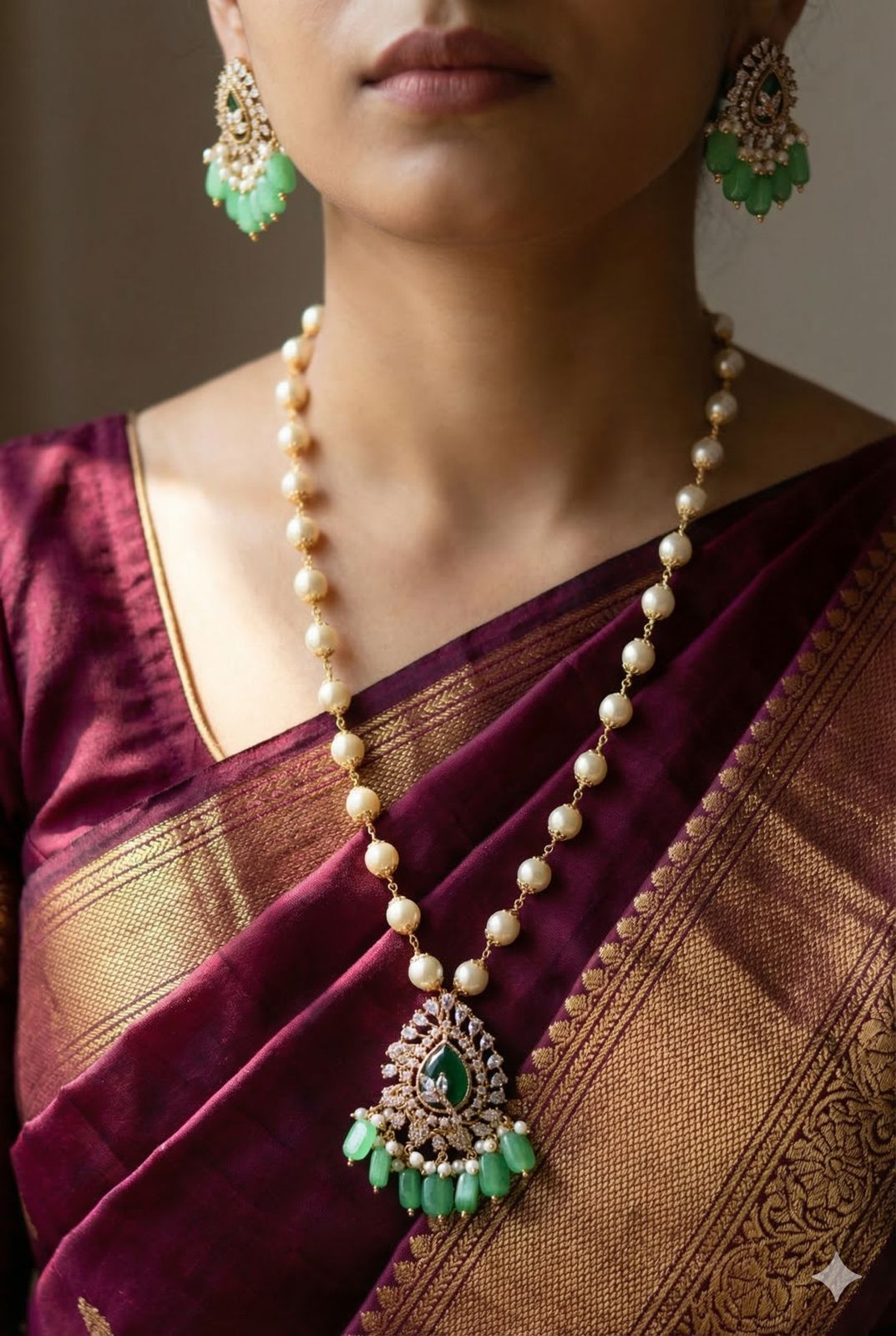Royal Crimson/Mint Jade Pearl Necklace set with removable pendant