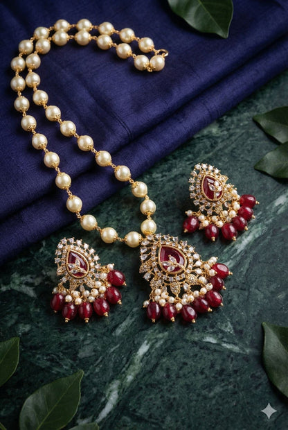 Royal Crimson/Mint Jade Pearl Necklace set with removable pendant