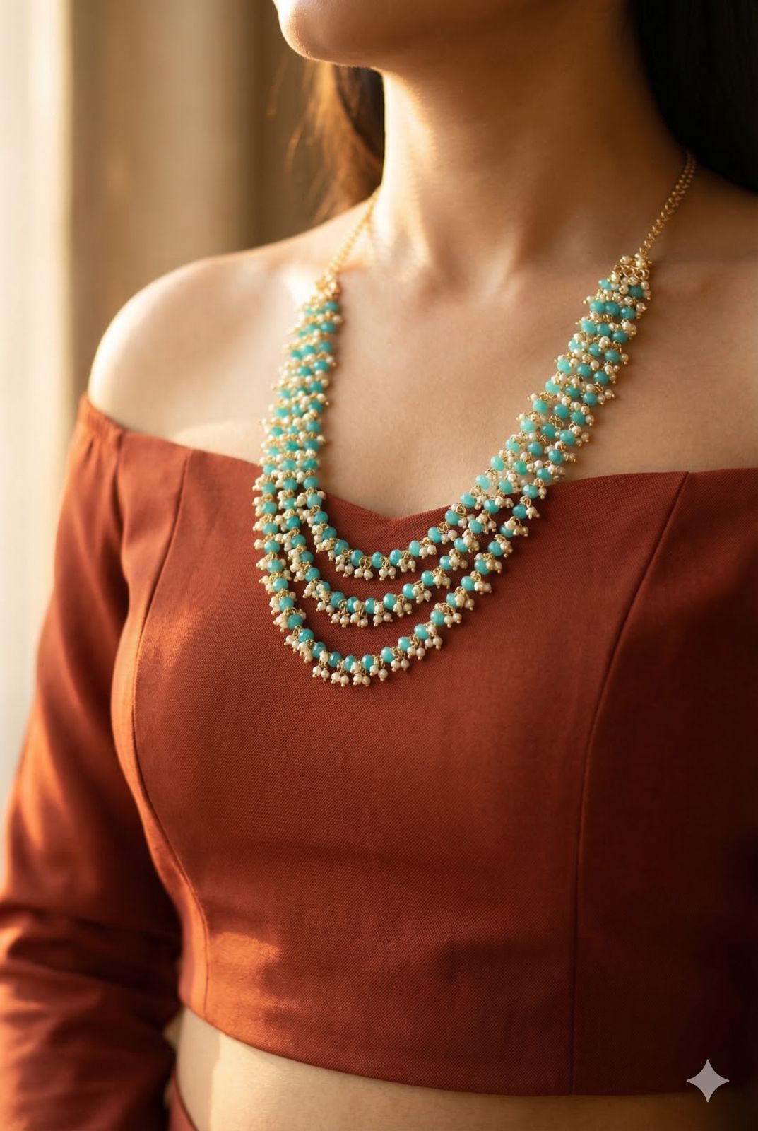 Blush Blossom/ Feroza Green Layered pearl chain