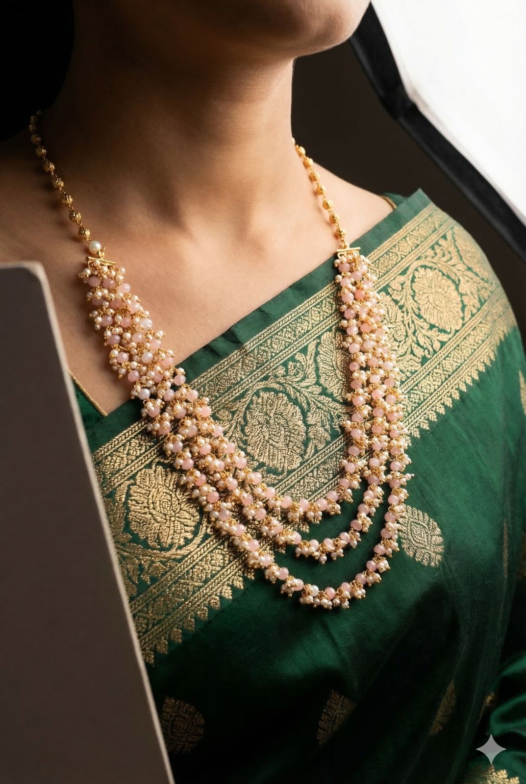 Blush Blossom/ Feroza Green Layered pearl chain