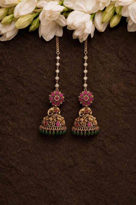 Floral Elephant Ruby Jadau Kundan Jhumkas with Matti