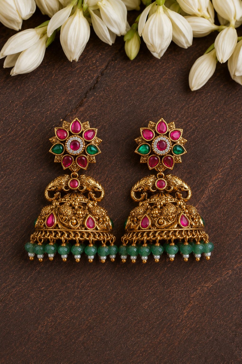Floral Elephant Ruby Jadau Kundan Jhumkas with Matti