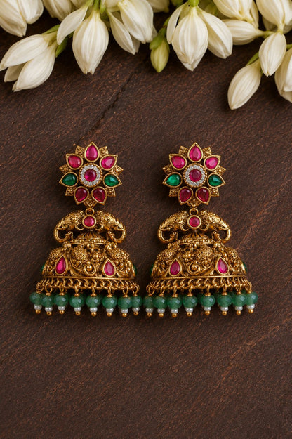 Floral Elephant Ruby Jadau Kundan Jhumkas with Matti
