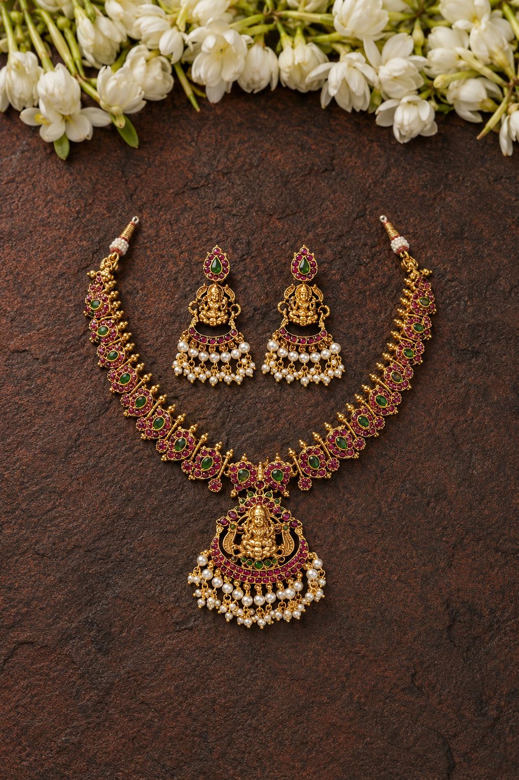 Lakshmi Temple Necklace Set with Ruby & Emerald Stones