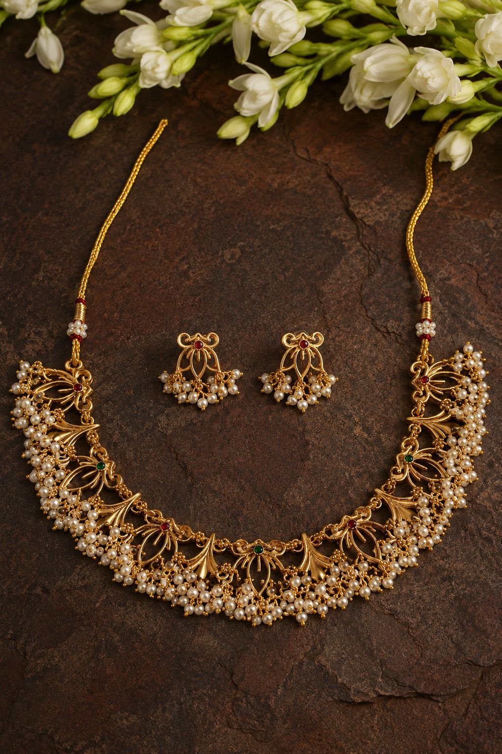 Antique Gold Pearl Petal Jewellery Set