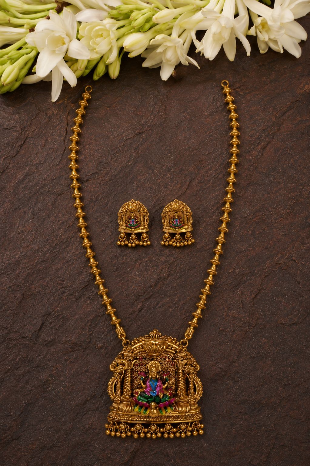 Antique Gold Temple Pendant Necklace & Earring Set