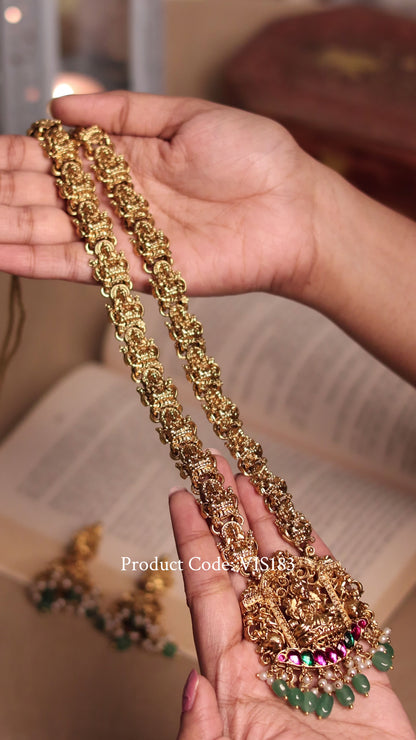 Nakshi Temple Long Haram with Multi-Stone Pendant