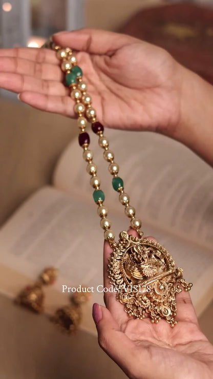 Navaratan Pearl Mala with Temple Jhumka Set